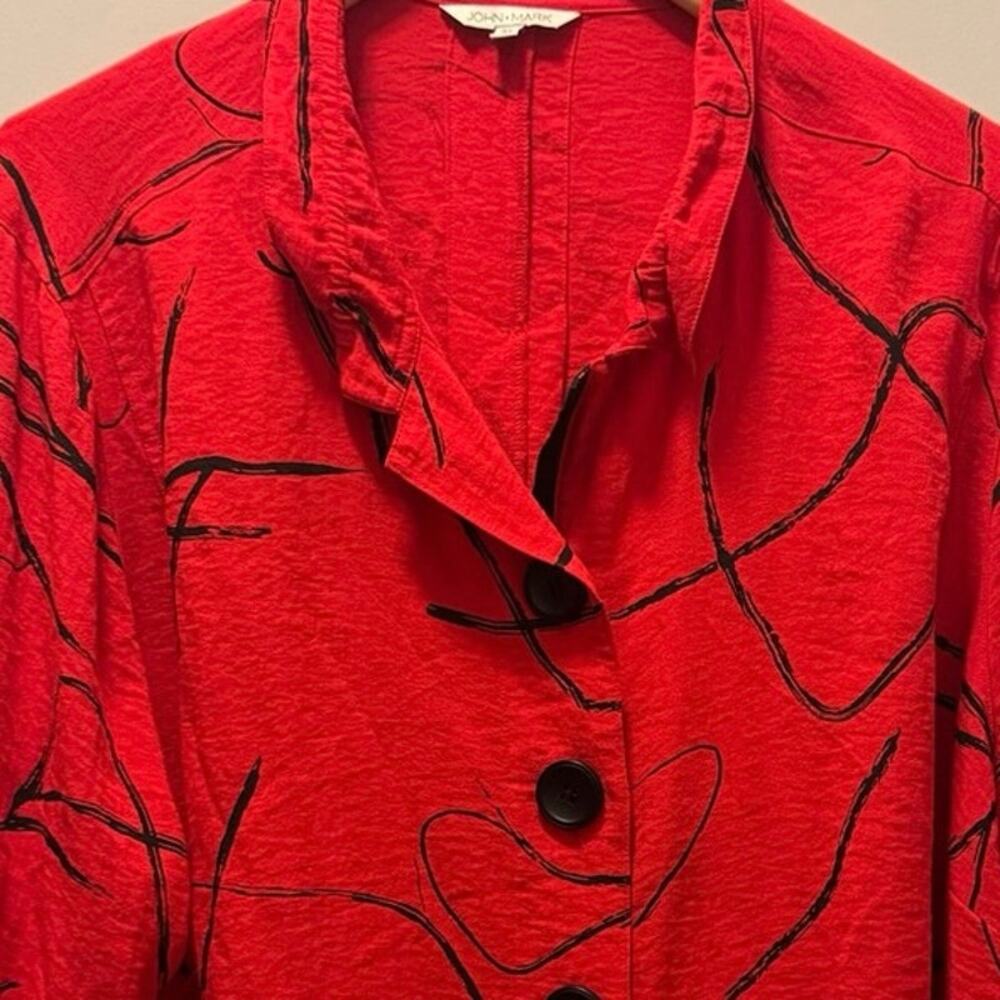 John Mark 3X Women's Red Black Abstract Button Up Swing Jacket Rayon Blend - Picture 2 of 5